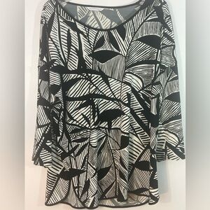 Allison Daley L Black White Abstract Leaf Print Tunic Top 3/4 Sleeve Stretch